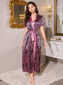 SHEIN 2pcs Heart Pattern Faux Silk Cami Sleepwear Dress And Belted Robe Set - Multicolor - View 4