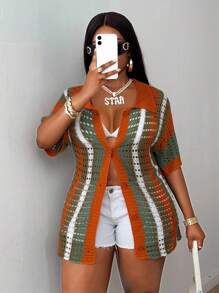 Maweii Plus Women's Knitted Cardigan, Half-Sleeve Sexy Party Vacation Spring And Summer Style Festival Rave Cardigan - Multicolor - View 1