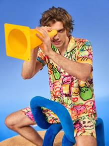 Notgurli Funny And Quirky European & American Style Men Short Sleeve Single Breasted Top And Shorts Pajama Set - Multicolor - View 1