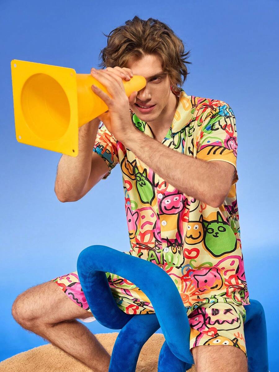 Notgurli Funny And Quirky European & American Style Men Short Sleeve Single Breasted Top And Shorts Pajama Set - Multicolor - View 1