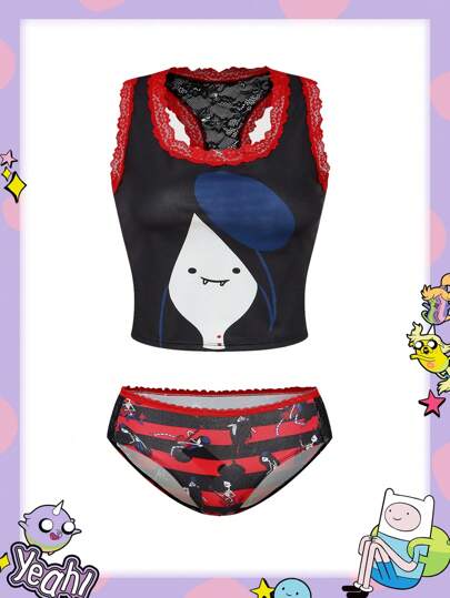 Adventure Time X ROMWE Marceline The Vampire Queen Lace Criss-Cross Back Triangle Bra Set