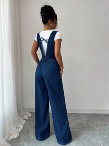 Elenzga Bộ đồ liền thân denim loe không tay cổ chữ V cài nút thường ngày cho nữ - Rửa tối - Xem 2