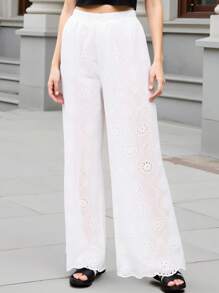 Tweens Mädchen weiße stickerei Hohlblume Wellen-Saum lässige Hose