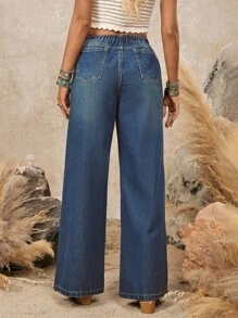 LanaWest 女式休闲日常水洗抽绳腰阔腿牛仔裤 - 深色水洗藍 - 查看 2