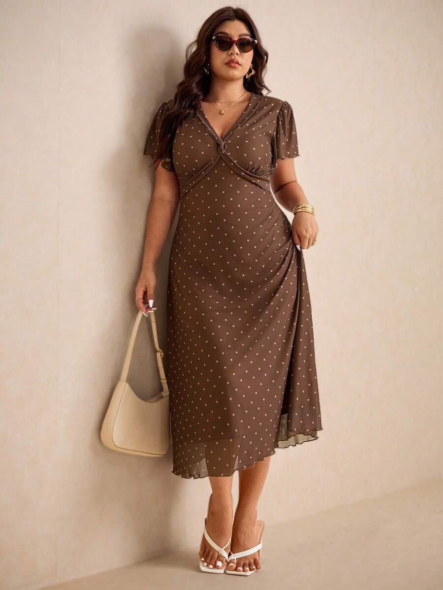 Elaquor 大码女式夏季复古简约浪漫扭纹V领波点连衣裙 - 棕色 - 查看 1
