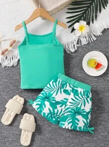 2pcs/Set Young Girl Fashionable Comfy Mint Green Camisole & Leaf Printed Shorts Set, New - Mint Green - View 2