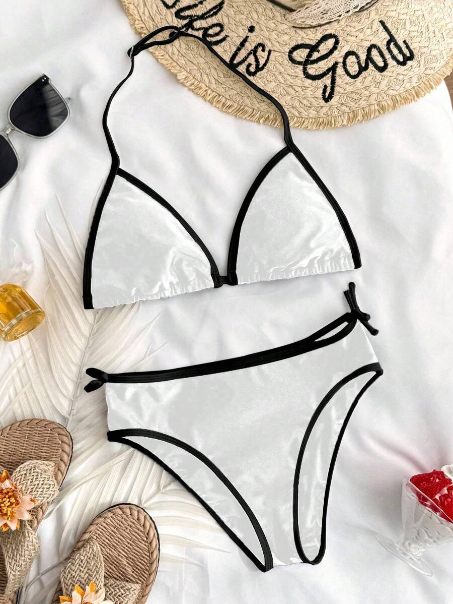SHEIN Teen Girls Spring& Summer Girls Swimsuit Knitted Black & Apricot Bow Contrast Suspender Bikini Two Pieces Swimsuit Set Vacation Style Holiday Black&White Beach Clothes - Black and White - View 1