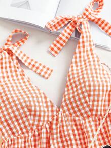 Comfortcana Women's Summer Fashionable Plaid Shoulder Tie Strap Mini Dress Orange Gingham Dress Vacation Dress - Orange - View 5