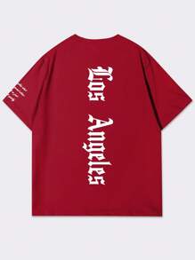 Manfinity EMRG Men's Summer Casual T-Shirt With Letter Print, Round Neck And Drop Shoulder Sleeve - Burgundy - View 3