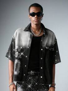 ROMWE MEN Street Life Men's Boxy Fit Rhinestone Embellished Denim Shirt