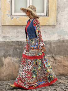 Brillora 波西米亚风格荷叶边下摆花卉印花女式连衣裙，度假/节日 - 彩色 - 查看 5