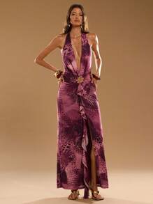 SHEIN BAE Women's Leopard Print Deep-V Metal Floral Decor Patchwork Ruffle Trim Halter Neck Dress - Red Violet - View 5