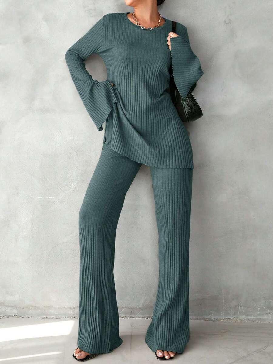 SHEIN Cottnline Cotton Solid Split Hem Tee & Flare Leg Pants - Olive Green - View 1