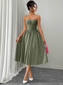 Rafferiza 时尚百搭细肩带收腰喇叭下摆派对连衣裙，适合秋冬季女性 - 墨綠色 - 查看 6