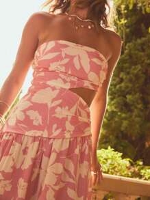 Aralina Floral Print Strapless Ruched Cutout Summer Gathered Bodice Maxi Dress - Multicolor - View 3