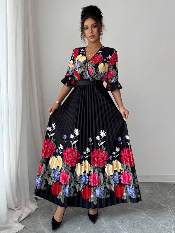 Elenzga Women's Bohemian Floral Print Cross-Wrap Pleated Dress