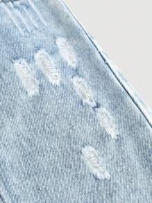 Baby Girl Classic Long Denim Skirt, With Elastic Waistband And Wrapped Front Button Closure, Ripped & Cat Whiskers Details,Contrast And Raw Hem, Flat Pockets On Back. Y2K Casual Urban Street Style. Fall Winter - Medium Wash - View 4