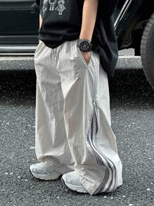 青少年男孩休闲运动混色宽窄条纹宽松直筒宽松裤，适合学校、花园、海滩、生日、春季、夏季、秋季、冬季