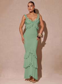 Silquee Elegantes Lässig Minikleid mit einfarbigem Rüschen-Saum und tiefsitzendem Rückenausschnitt