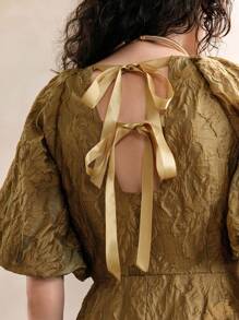 Aveloria Robe d'été pour femme en mini-ligne A avec ceinture à la taille, manches chauve-souris et col rond - Doré - Voir 2