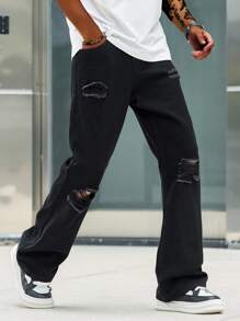 Manfinity LEGND Men's Black Distressed Bootcut Straight Leg Jeans Baggy Ripped Jeans - Black - View 1