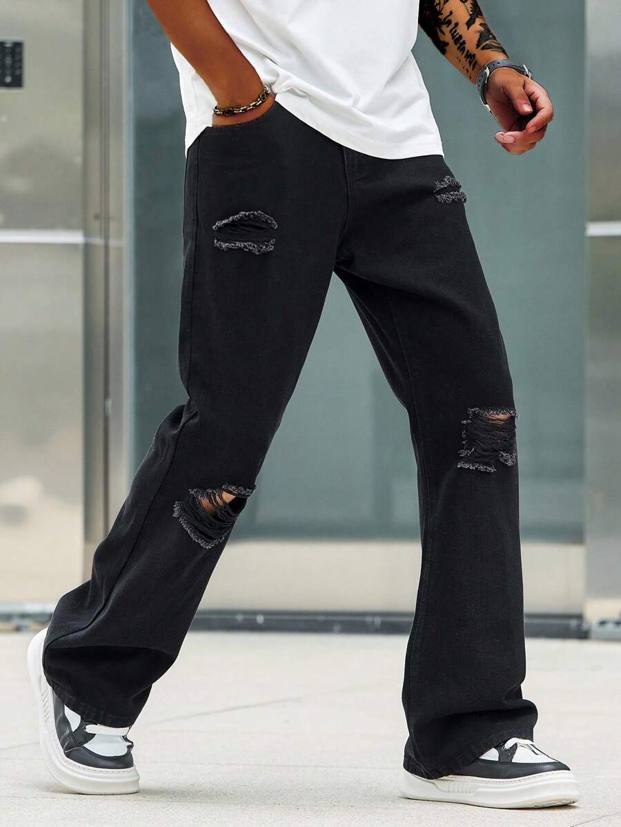 Manfinity LEGND Men's Black Distressed Bootcut Straight Leg Jeans Baggy Ripped Jeans - Black - View 1