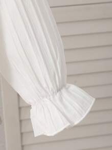 Young Girl Casual Daily Ruffled Textural Front Button Shirt - White - View 5