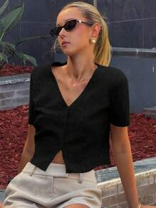 DAZY Áo len cardigan dáng ôm cổ chữ V tay ngắn cho nữ - màu đen - Xem 1