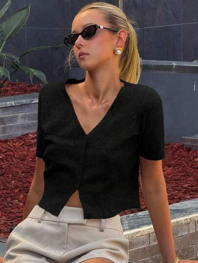 DAZY 女式V领短袖修身短款开衫