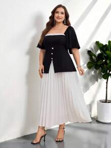 Modelyn Vestido de manga corta con cuello cuadrado de unicolor para tallas grandes, moda de verano - Blanco y Negro - Ver 6
