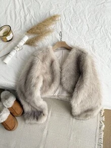 SHEIN X Phaith Montoya SHEIN EZwear Plus Size Women's Solid Long Sleeve Open Front Faux Fur Coat Faux Fur Shrug/Winter Fur Jacket