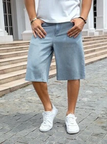 Manfinity Homme 男式宽松口袋休闲百搭牛仔百慕大短裤 - 淺色水洗藍 - 查看 5