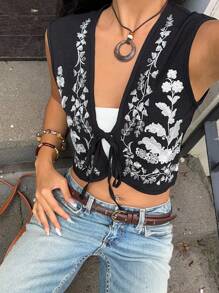 Sunnyshic 休闲时尚宽松小众刺绣设计短款无袖复古夹克 - 黑色 - 查看 6