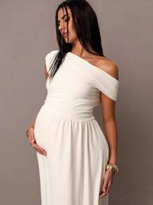 MaterniChic 春季郊游、夏季泳装、度假、复活节、波西米亚风、海滩、热门户外婚礼季、宴会、成人礼、海滩、海滨女士高端婚礼纯色不对称领口连衣裙、孕妇装 - 白色 - 查看 3