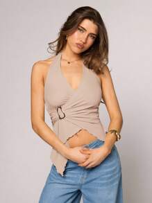 SHEIN BAE 女士棕色不规则下摆金属扣装饰性感女士背心适合日常外出、通勤休闲、下午茶派对、夏季上衣、乡村音乐会装 - 卡其色 - 查看 5