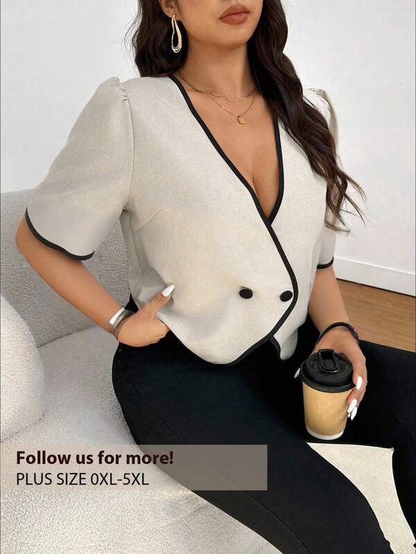 Elaquor Plus Size Women's Padded Shoulder Dual-Breasted Blazer Jacket