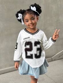 Young Girl Casual Street Style V-Neck Long Sleeve Black & White Letter Print Loose T-Shirt, Sibling Matching Outfits (2 Pieces Sold Separately) Girls Matching Outfits Mom And Daughter Outfits 2 Piece Girls Sets Girls Streetwear Outfits Back To School Outfits - Black and White - View 2