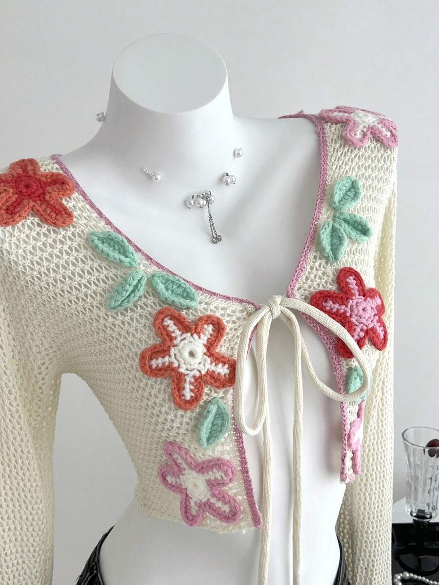 SHEIN Unity Cardigan scurt, elegant, cu imprimeu floral și noduri, pentru femei - Multicolor - Vizualizare 1