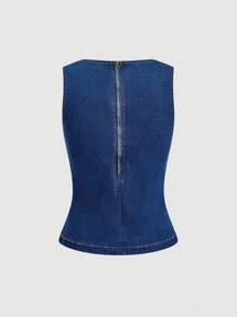 SHEIN MOD Top de mezclilla para mujer de verano casual de calle con decoración de hebilla metálica, cuello asimétrico y ajuste ceñido - Azul - Ver 4