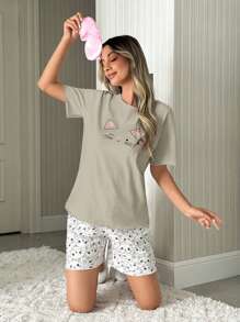 Conjunto de pijama en casa de 2 piezas con estampado de gato, incluyendo blusa de manga corta y shorts con estampado de gato, para mujer