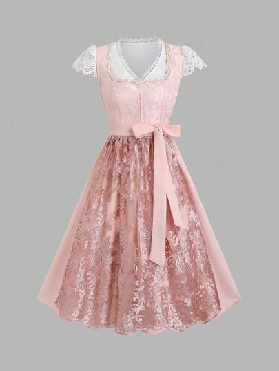 Fairmaia Traditional German Set Traditional Dirndl Dress With Square Neck, Floral Print, And Apron, For Oktober, Halloween