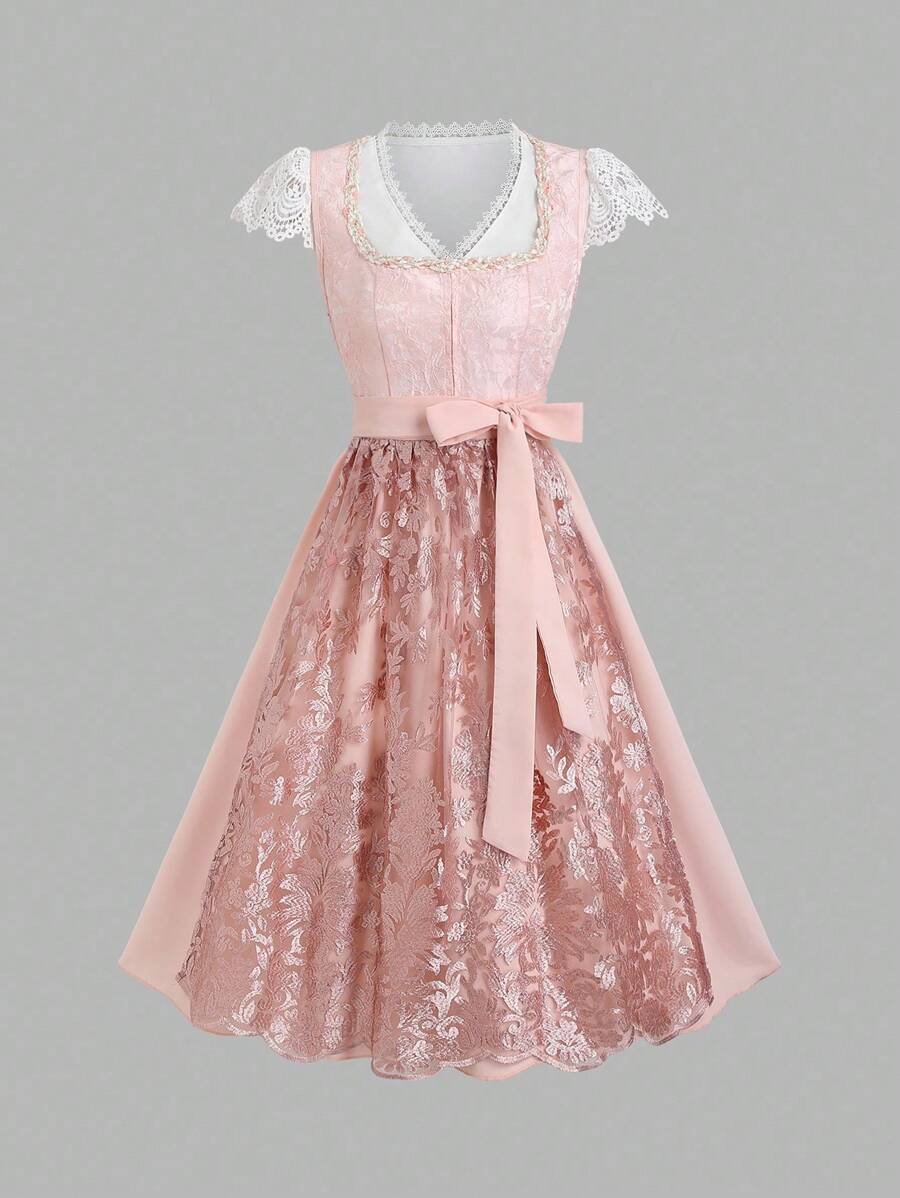 Fairmaia Bộ trang phục Dirndl truyền thống của Đức, cổ vuông, họa tiết hoa và tạp dề, dành cho lễ Halloween tháng 10 - Nhiều màu - Xem 1