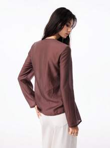 LYSMO 女士棕色领结细节刺绣轻薄喇叭袖衬衫，适合春夏穿着，打造波西米亚风情和夏季度假造型，2025 新款上市 - 棕色 - 查看 2