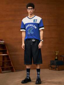 HARRY POTTER X SHEIN Men's Casual Summer Sports College Style Eagle & Checkered Pattern Number Print Colorblock Short Sleeve T-Shirt - Royal Blue - View 5