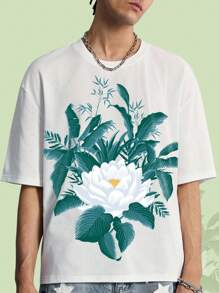 ROMWE MEN The White Lotus 运动休闲男士T恤，白色莲花图案，整体风格简约，宽松版型适合休闲穿着 - 白色 - 查看 3