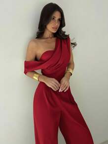 Firerie 女士端庄连体裤，优雅的杏色通勤和度假服装，采用不对称领口、垂坠紧身胸衣、不对称衣领和阔腿裤，舒适的连体裤适合春夏秋冬，适合海滩装、机场装、度假装、教师装 - 酒紅色 - 查看 4