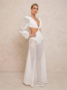 Lumalex 全白派对装扮 女士秋季简约复古闪亮假日派对装扮 锐舞节郊游泳装度假波西米亚风 BOHO 海滩热辣户外层叠式婚礼季宴会成人礼海滩海边交叉露背收腰连衣裙搭配飘逸长裙 女士白色网纱连衣裙镂空长裙 白色罩衫泳衣镂空连衣裙度假装 - 彩色 - 查看 7