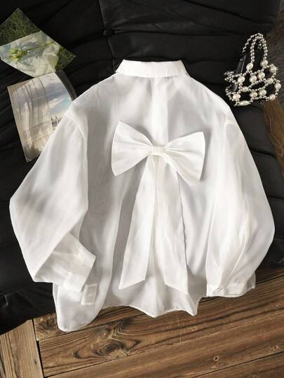 Tween Girls Plain Color Button-Up Long Sleeve Shirt, Casual Vacation Style Bow Decor Blouse, Suitable For Daily, Casual, Outing, Vacation White Bow Blouse Sheer White Blouse Girls White Blouse Tie Back Blouse Bow Back Shirt