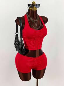 Amplova 2件套女士时尚性感校园女孩褶皱吊带背心和短裤夏季套装 - 紅色 - 查看 4