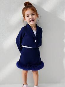 SHEIN 3pcs/Set Young Girls Basic White Camisole, Long Sleeve Button-Up Cropped Cardigan And Mini Skirt Set Teen Girl Skirt Set Skirt Suit For Girls Tween Dress Blazer Set Preppy Two Piece Set Girls Blazer And Skirt Set Fall Winter - Royal Blue - View 3